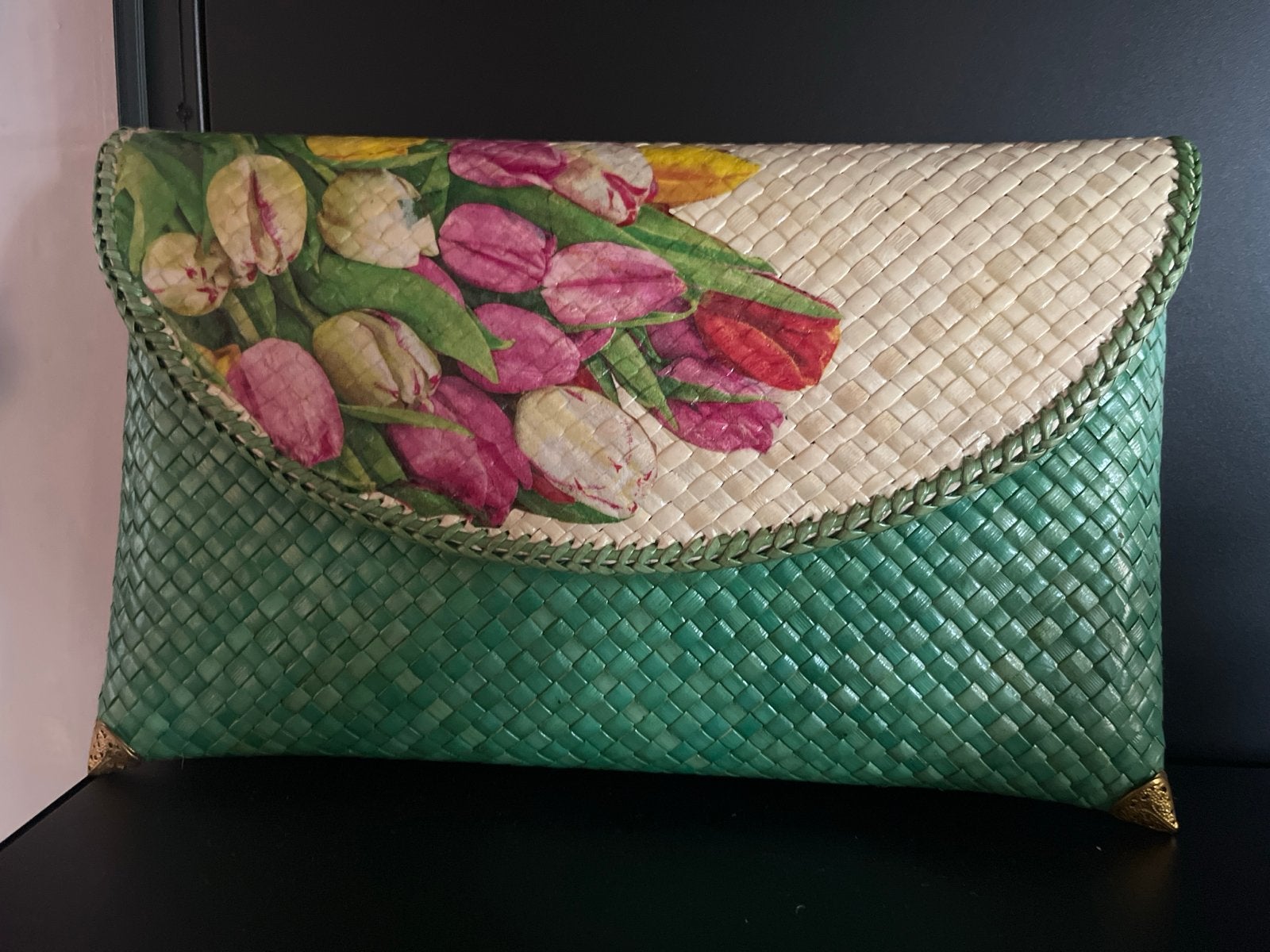 Unieke Handgemaakte Clutch met Tulpenprint, Ophalen of Verzenden, Zo goed als nieuw, Groen, Avondtasje
