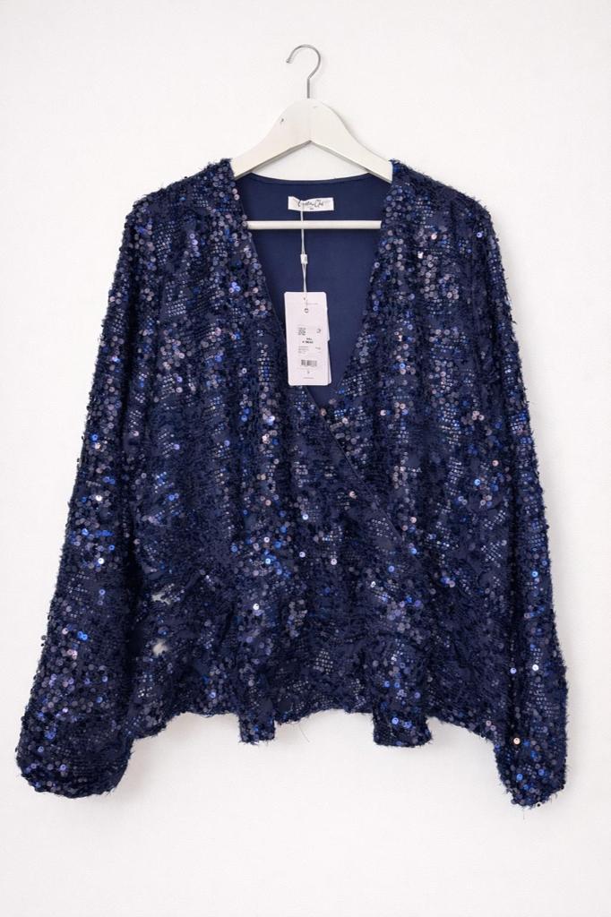 Nieuwe Cotton Club Peplum Top XL - Sequin Wrap Top, Blauw, Maat 46/48 (XL) of groter, Nieuw, Ophalen of Verzenden