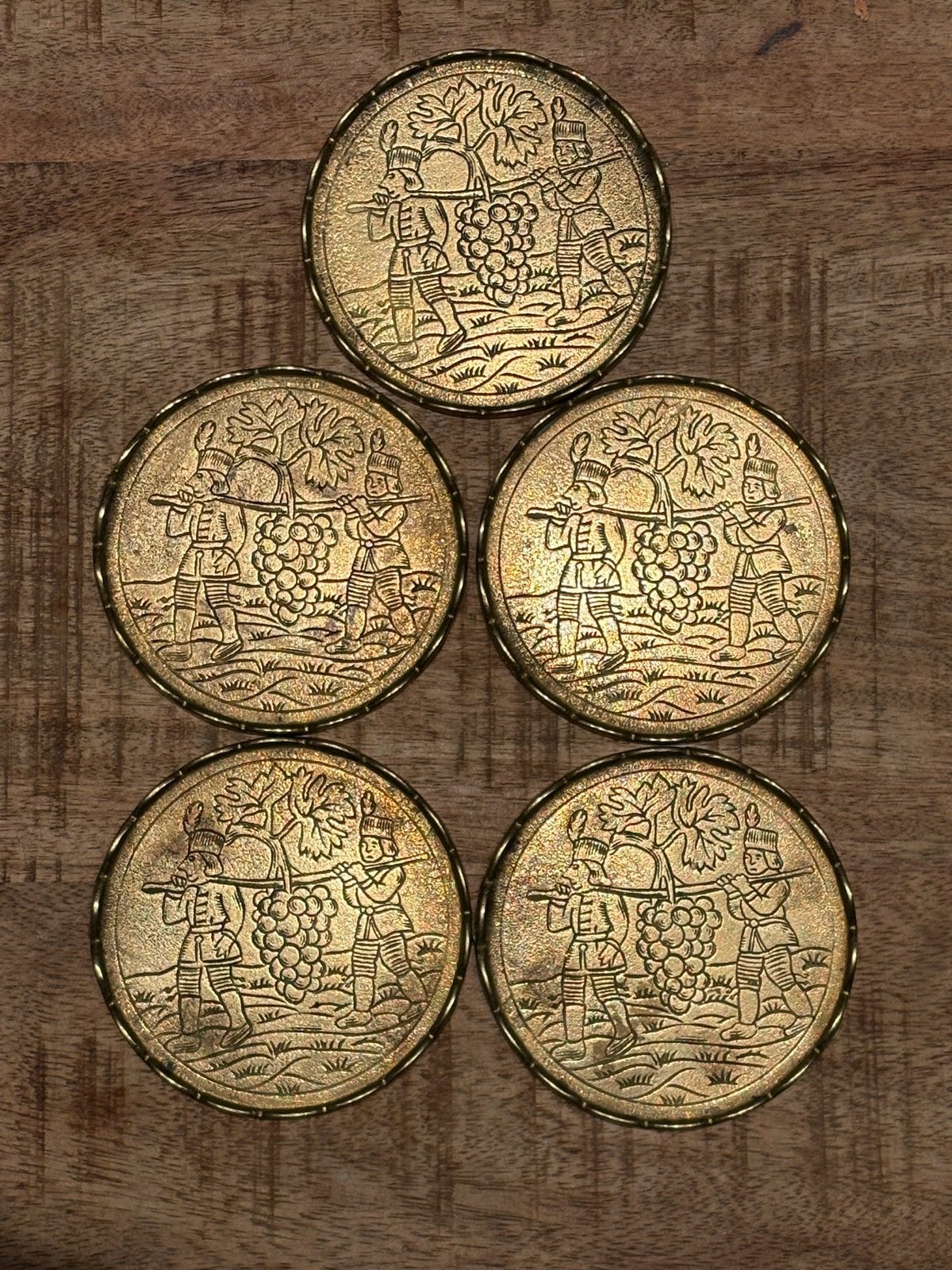 Set van 5 vintage massief messing onderzetters, Ophalen of Verzenden, Gebruikt