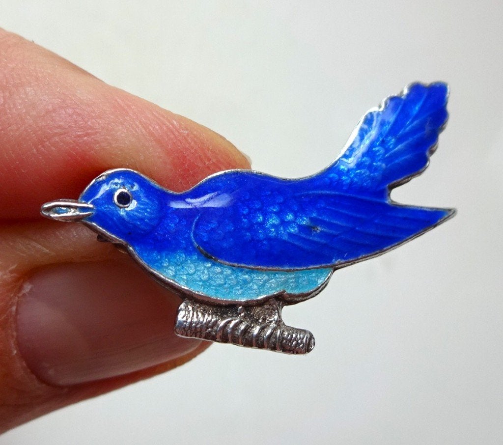 Antiek Engelse broche: zilver + blauw glas emaille. Vogeltje, Ophalen of Verzenden, Zilver, Broche