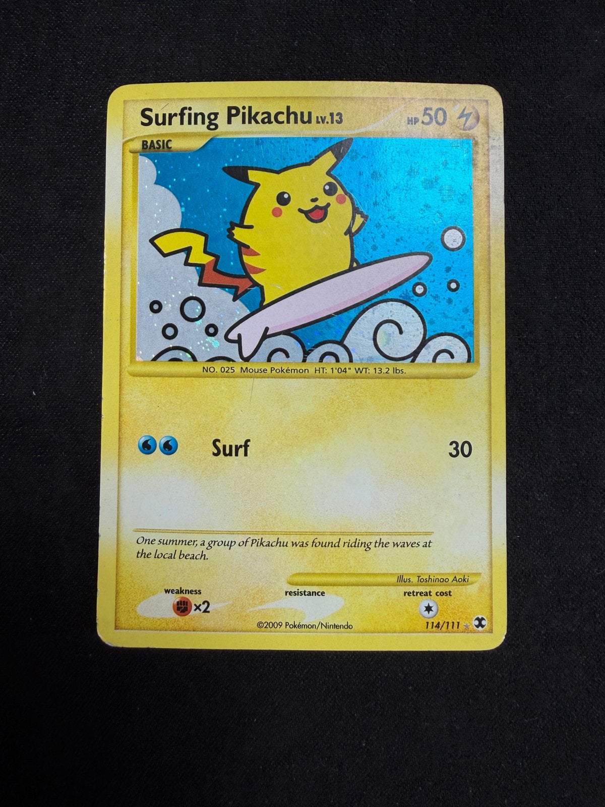 Surfing Pikachu Pokémon Kaart 114/111, Ophalen of Verzenden, Gebruikt, Losse kaart, Foil