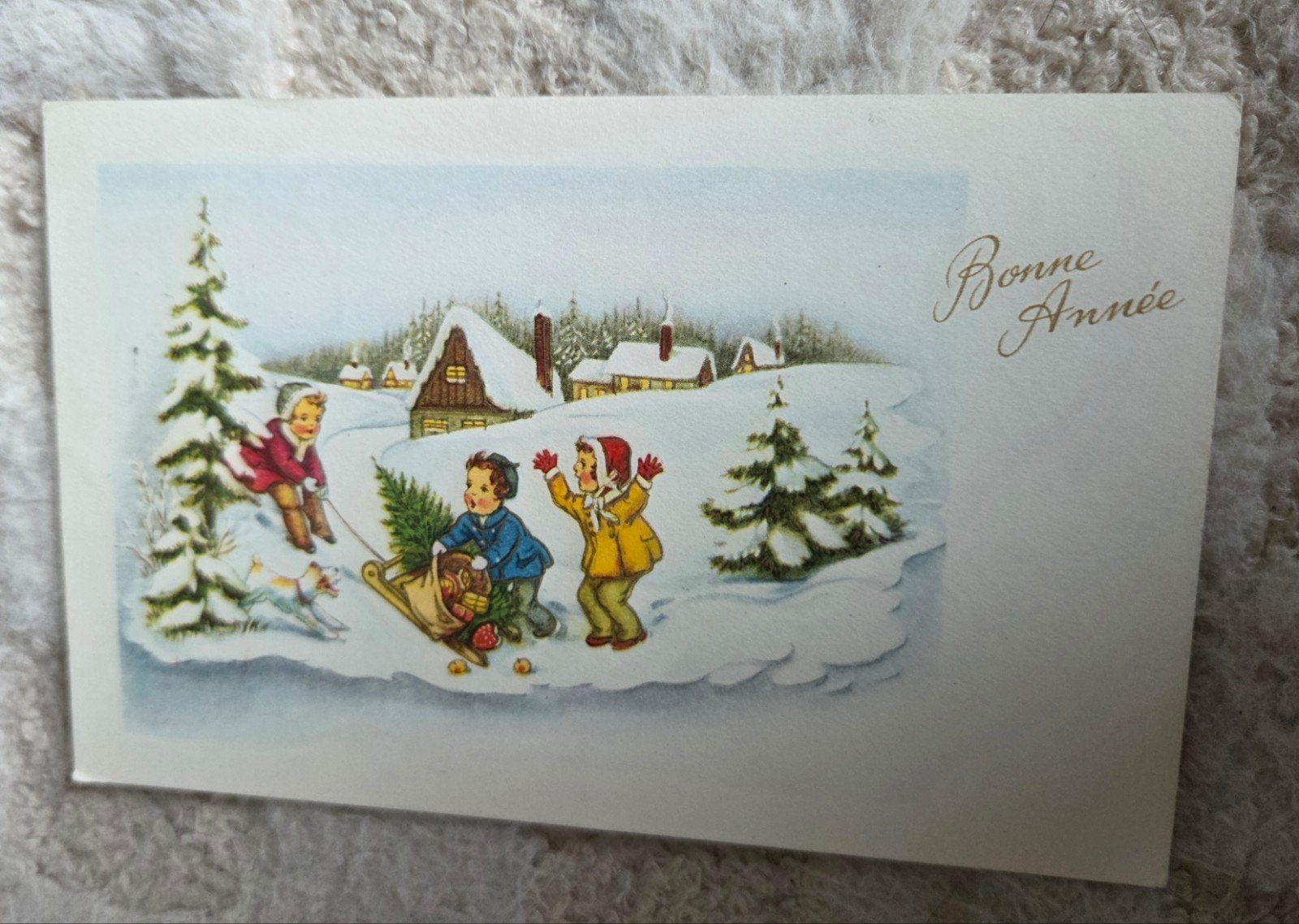 Vintage Nieuwjaarskaart 'Bonne Année' - Wintertafereel, Verzenden, 1940 tot 1960, Gelopen, Feest(dag)