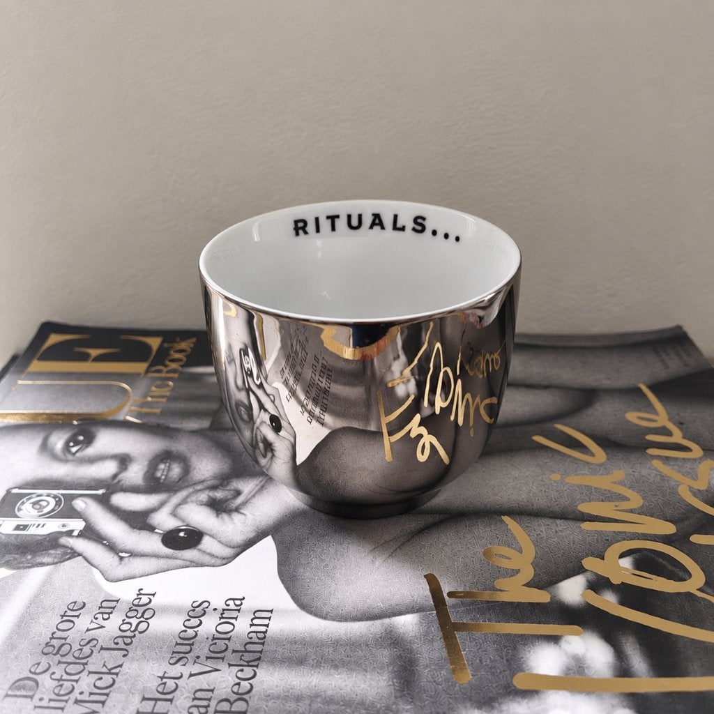 Rituals beker zonder oor – hoogglans zilver/spiegel (4x), Ophalen of Verzenden, Zo goed als nieuw, Overige stijlen, Kop(pen) en/of Schotel(s)