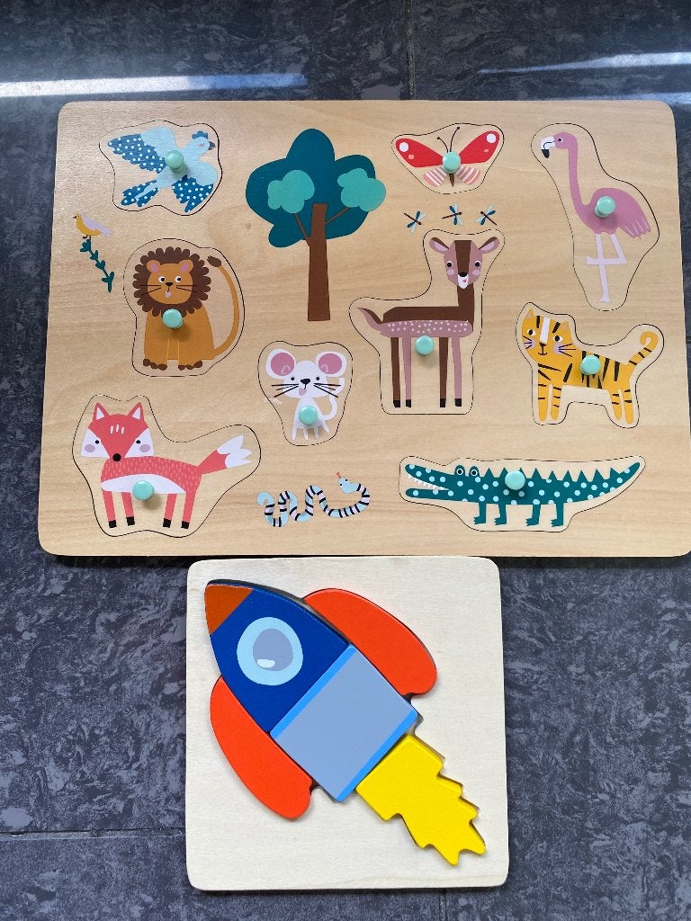 Houten Dieren Puzzel & Raket Puzzel voor Kinderen, 2 tot 4 jaar, Ophalen of Verzenden, Zo goed als nieuw, Van hout