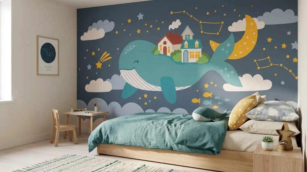Behang kinderkamer – walvis onder sterrenhemel