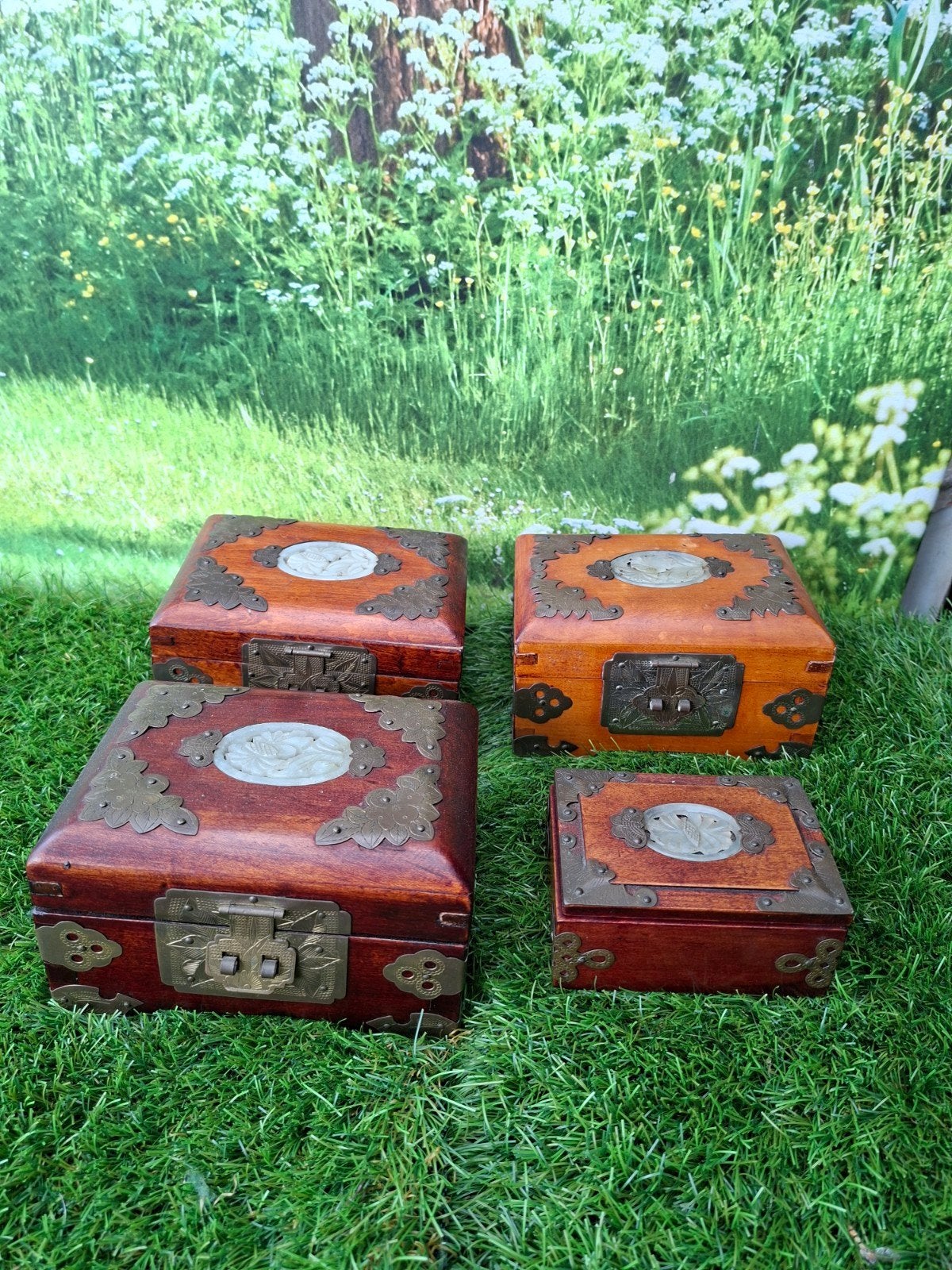 Chinese Houten Juwelenkistjes met Messing en Jade Inleg, Antiek en Kunst, Ophalen of Verzenden