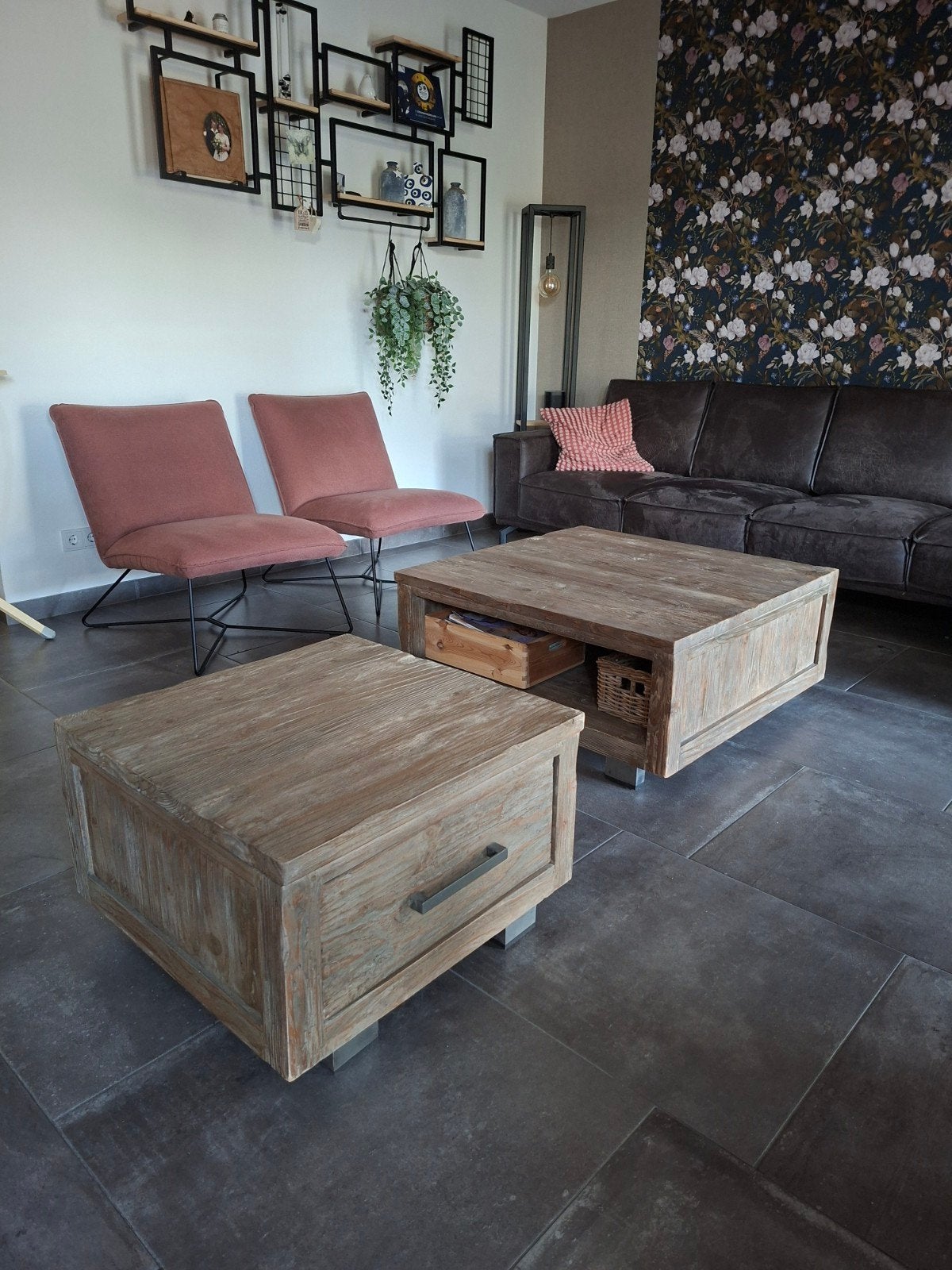 Set van 2 robuuste salontafels van teak hout, Ophalen, Gebruikt, 50 tot 100 cm, Vierkant