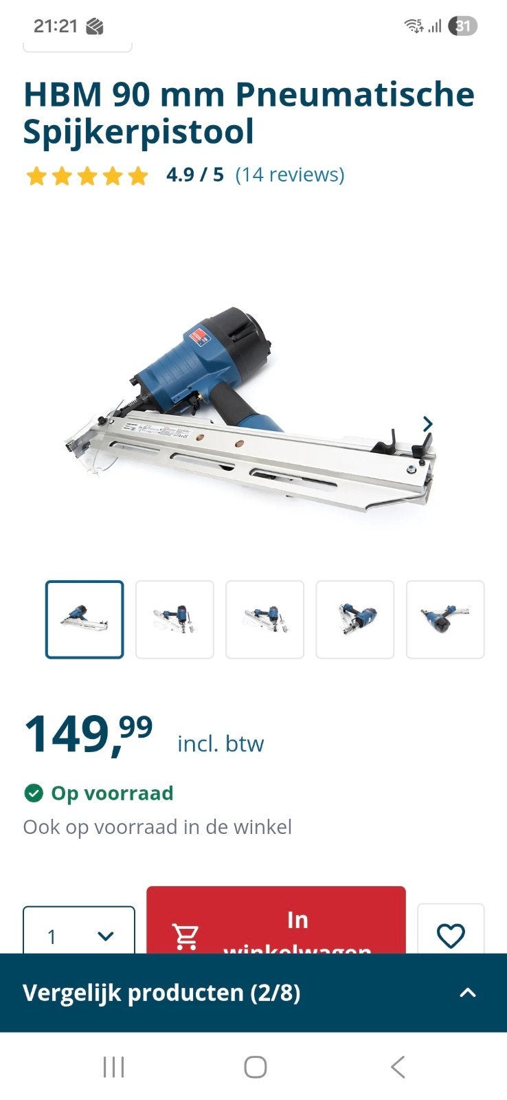 HBM 90 mm Pneumatisch Spijkerpistool, Ophalen of Verzenden, Nieuw
