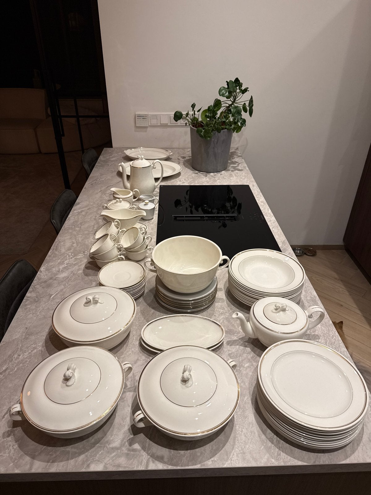 Compleet Petrus Regout servies 50-delig 12 personen goudrand, Ophalen, Gebruikt, Overige merken, Klassiek