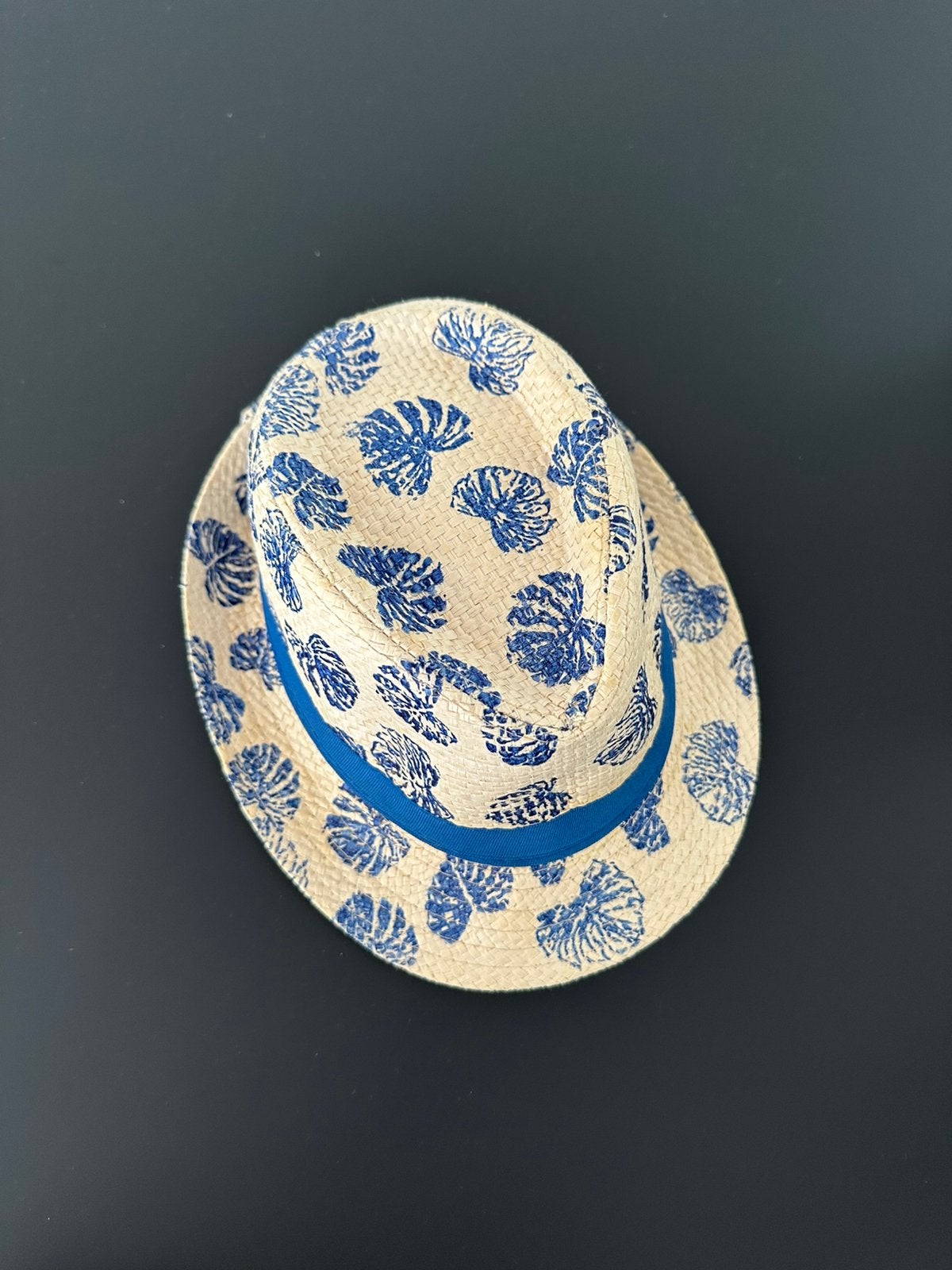 Rieten hoedje opdruk bladeren maat 54 cm., Ophalen of Verzenden, Gebruikt, Jongen of Meisje, Hoed