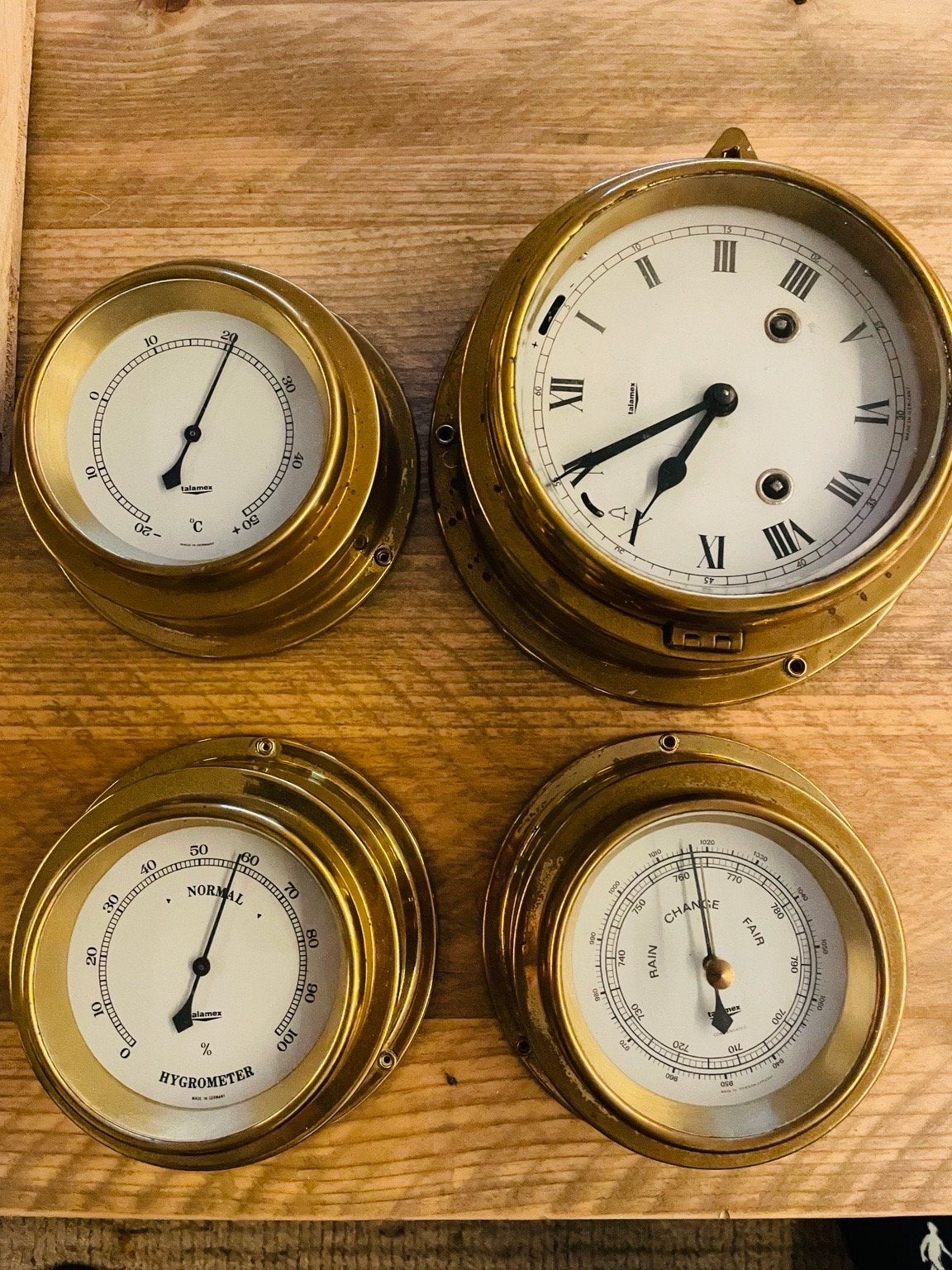 Vintage Talamex scheepsinstrumenten messing set van 3, Ophalen of Verzenden, Gebruikt, Weerstation