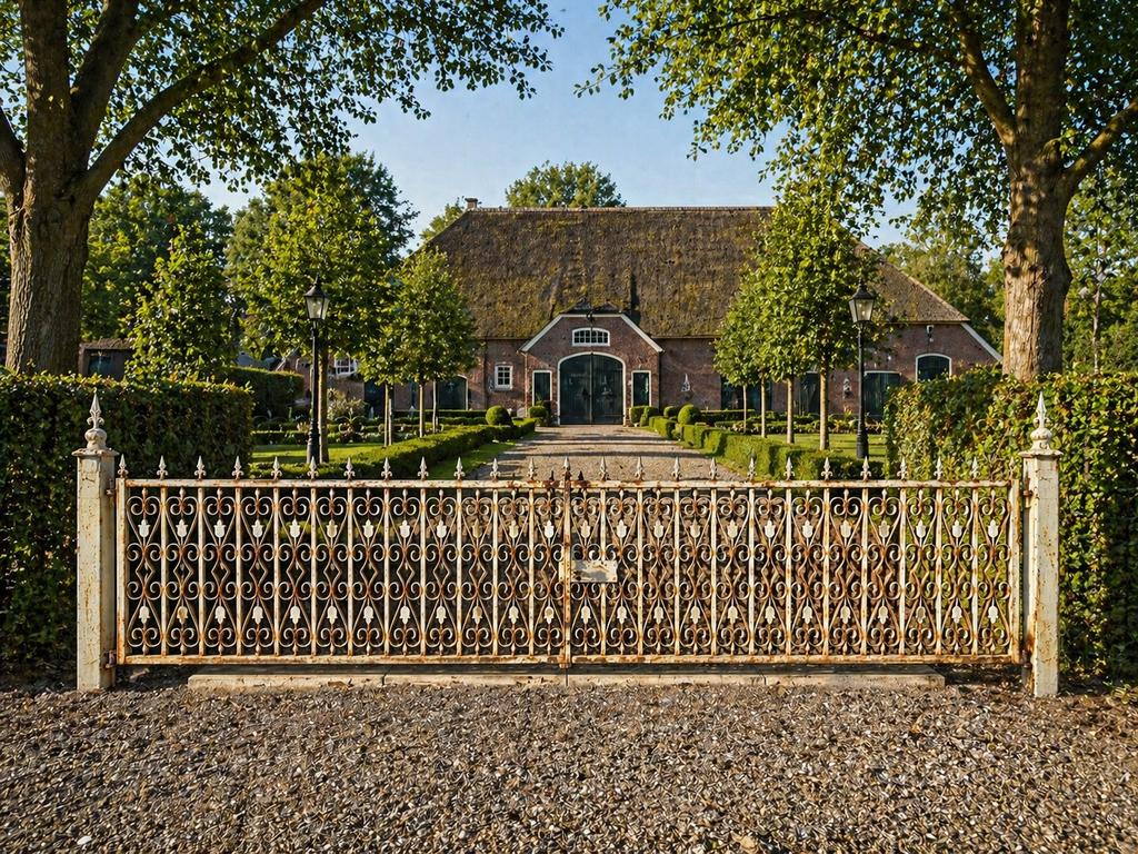Zeer brede antieke smeedijzeren poort 580 cm, Ophalen, IJzer, 200 cm of meer, Draaipoort