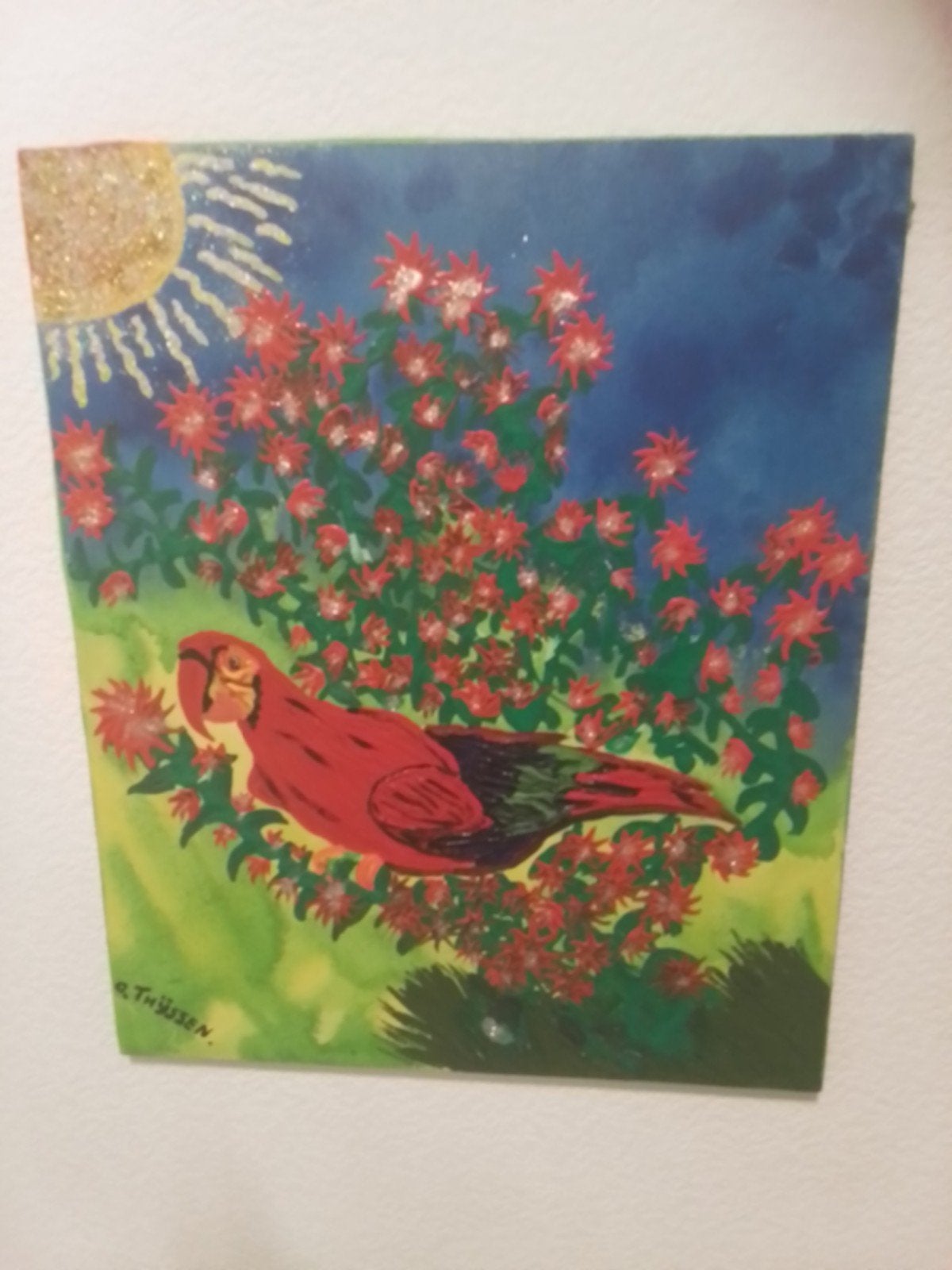 Canvasdoek met papegaai en glinsterende bloemen (50x40cm), Ophalen of Verzenden, Textiel, Met textuur, Dieren