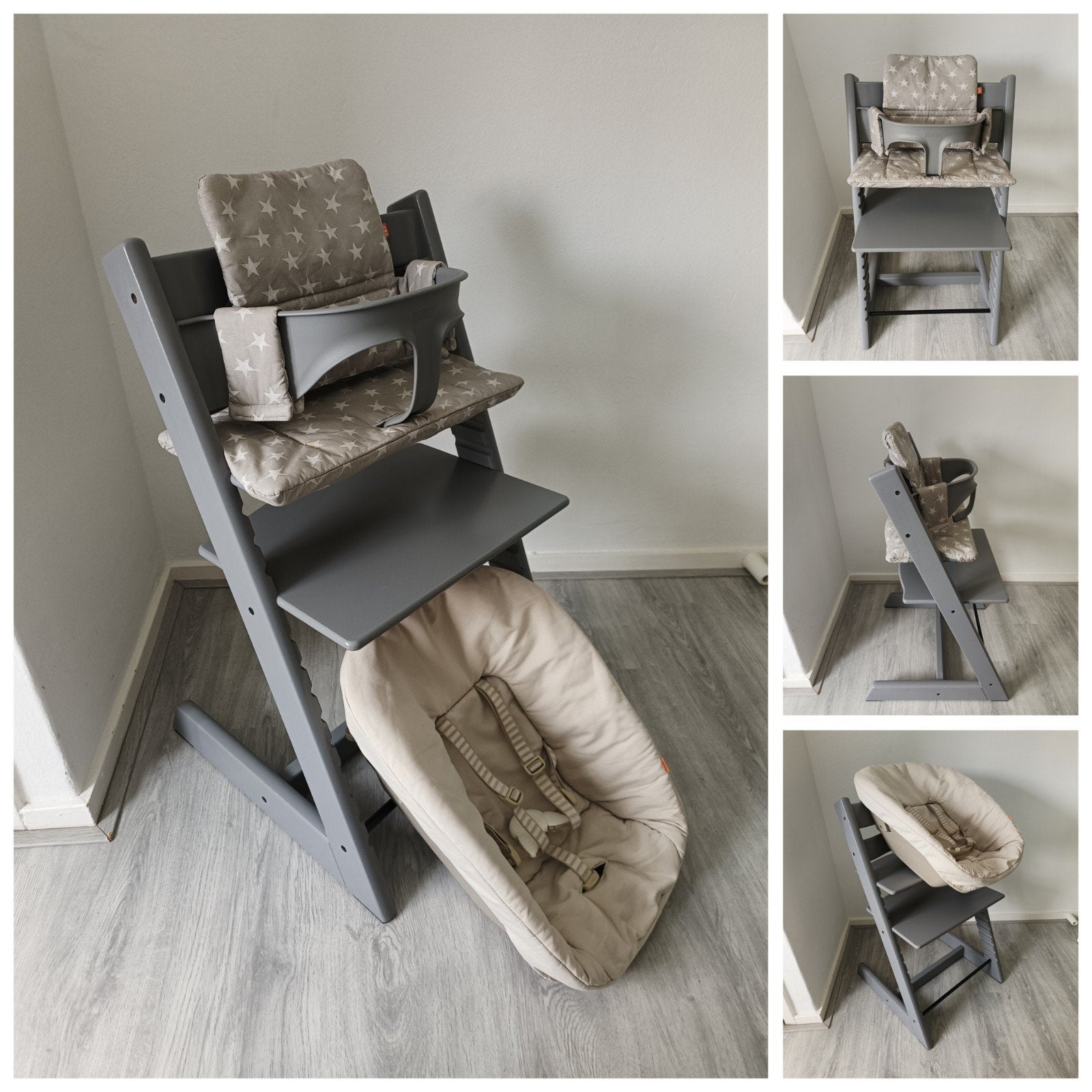 Stokke Tripp Trapp storm grey+babyset, kussenset, newbornset, Meegroeistoel, Ophalen of Verzenden, Zo goed als nieuw, Stokke Tripp Trapp