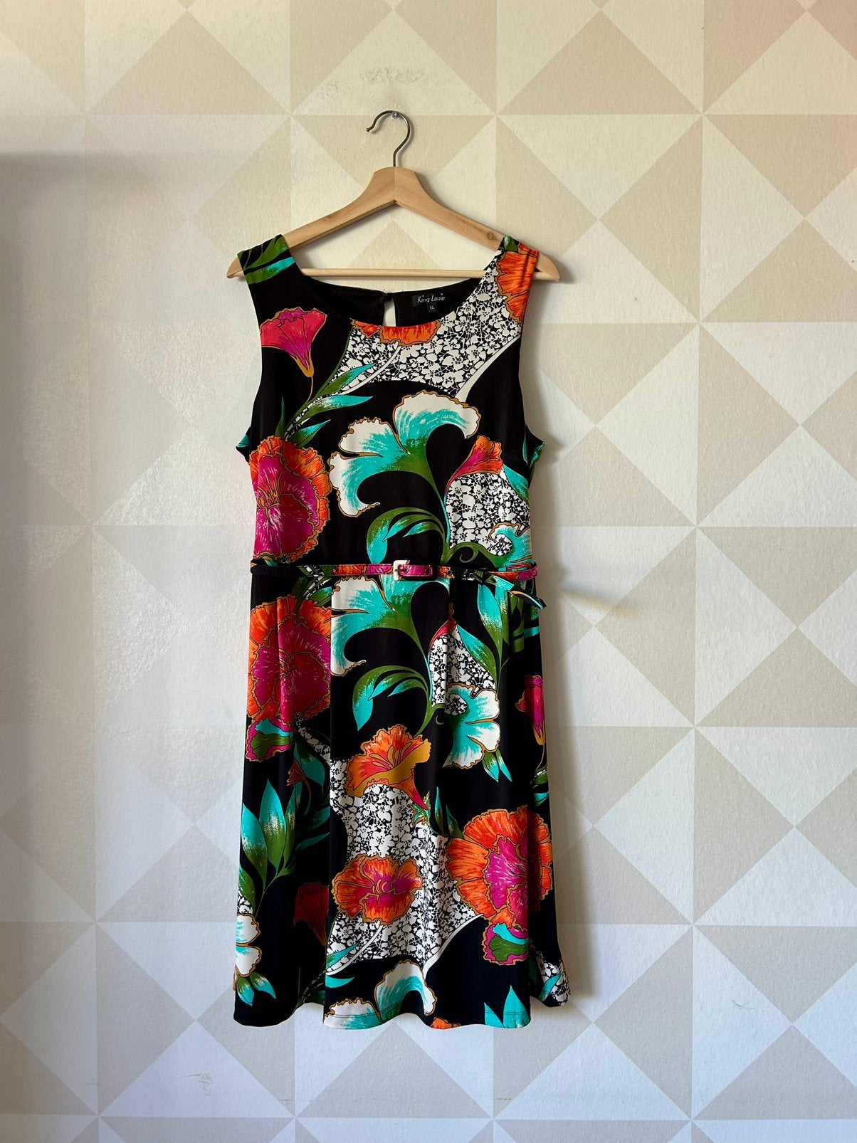 King Louie Dress midi jurk zwart bloem tropisch XL/42 zgan, Meerkleurig, Maat 46/48 (XL) of groter, Ophalen of Verzenden, Zo goed als nieuw