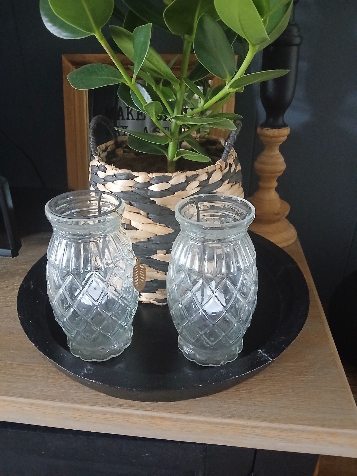twee glazen waxinelichtje houders, Waxinelichthouder, Ophalen of Verzenden, 18 cm, Glas