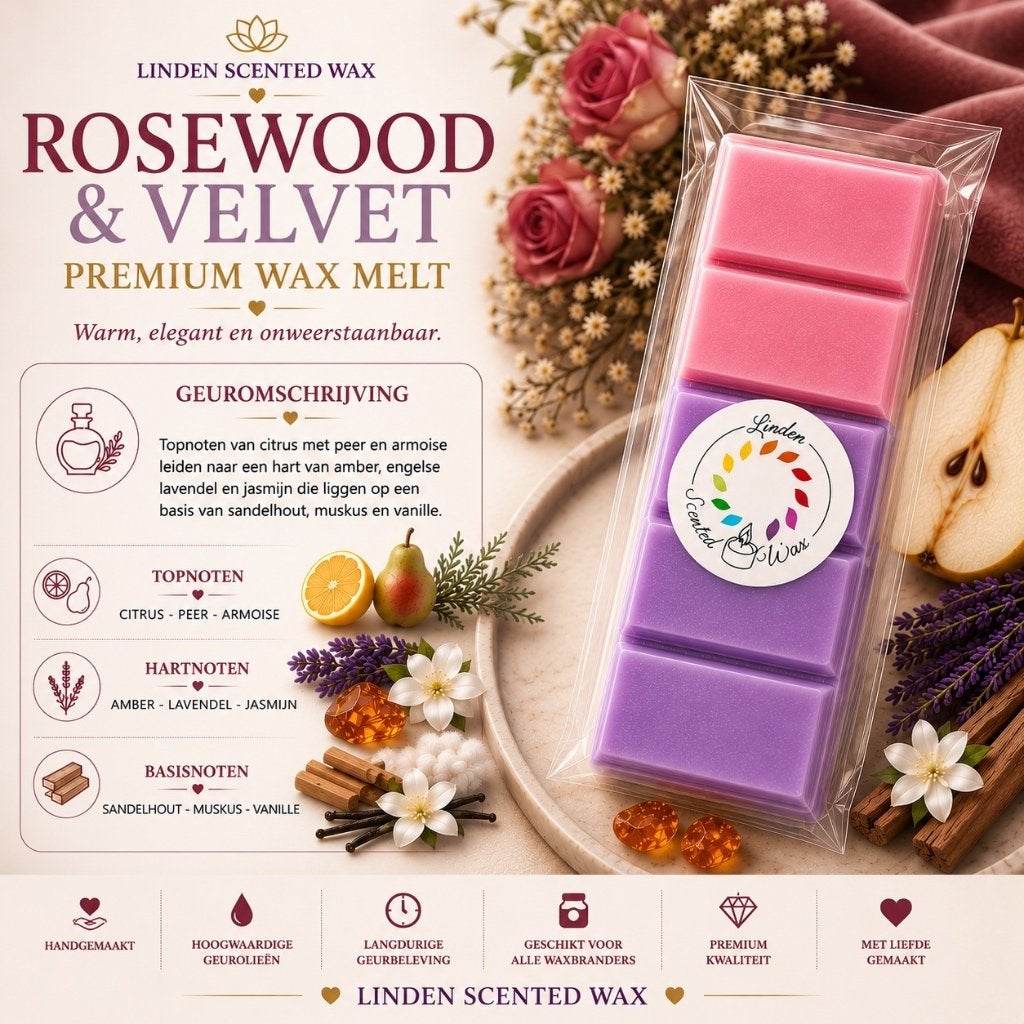 Waxmelts ROSEWOOD & VELVET parfum geur waxmelt handgemaakt, Ophalen of Verzenden, Nieuw, Was, Kaars