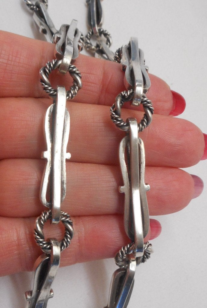 Zilveren lange zware modernist schakel ketting nr.298, Verzenden, Zo goed als nieuw, Zilver, Zilver