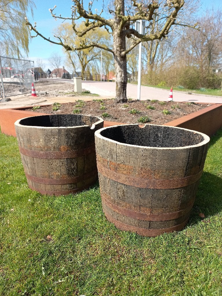 Eikenhouten Bloembak Plantenbak Half Whiskeyvat 62.5 liter, Ophalen, Rond, Nieuw, Balkon