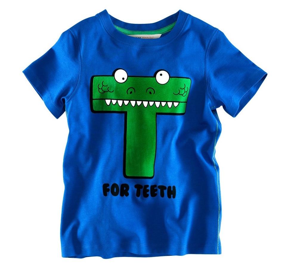 H&M blauwe t-shirt shirt met grote fluwelen letter T 98-104, H&M, Nieuw, Ophalen of Verzenden, Shirt of Longsleeve