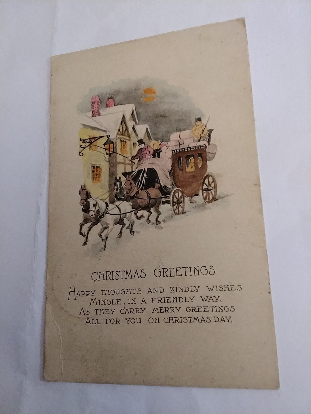 Antieke Kerstkaart 1929 - Paard en Koets in Sneeuw, Ophalen of Verzenden