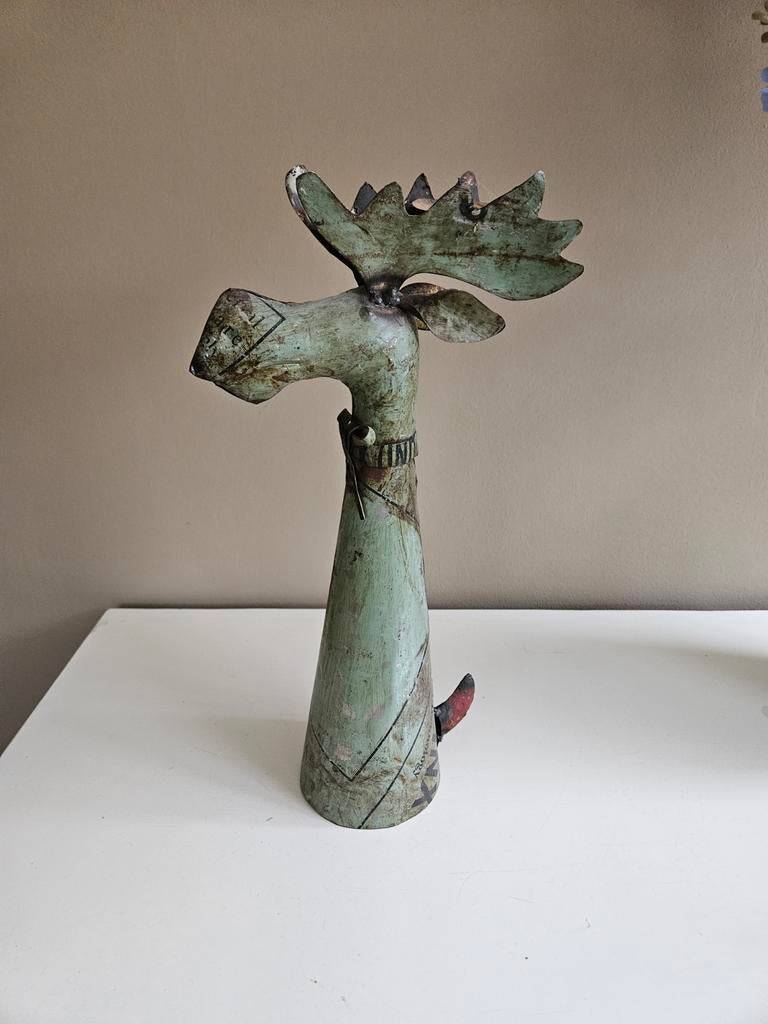 Unieke metalen eland sculptuur - Groen patina, Handgemaakt, Ophalen of Verzenden, Zoogdier, 20 - 50 cm