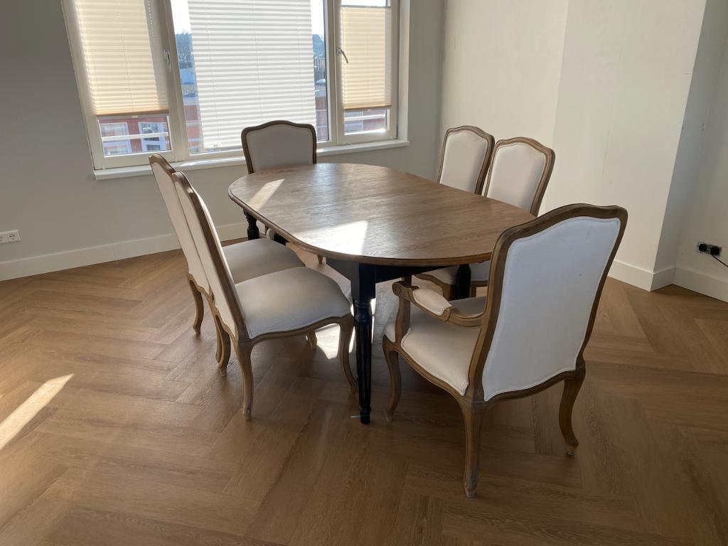 Rofra Home Eettafel + 6 stoelen – Uitschuifbaar – Eiken, Ophalen, Gebruikt, Eikenhout, 200 cm of meer