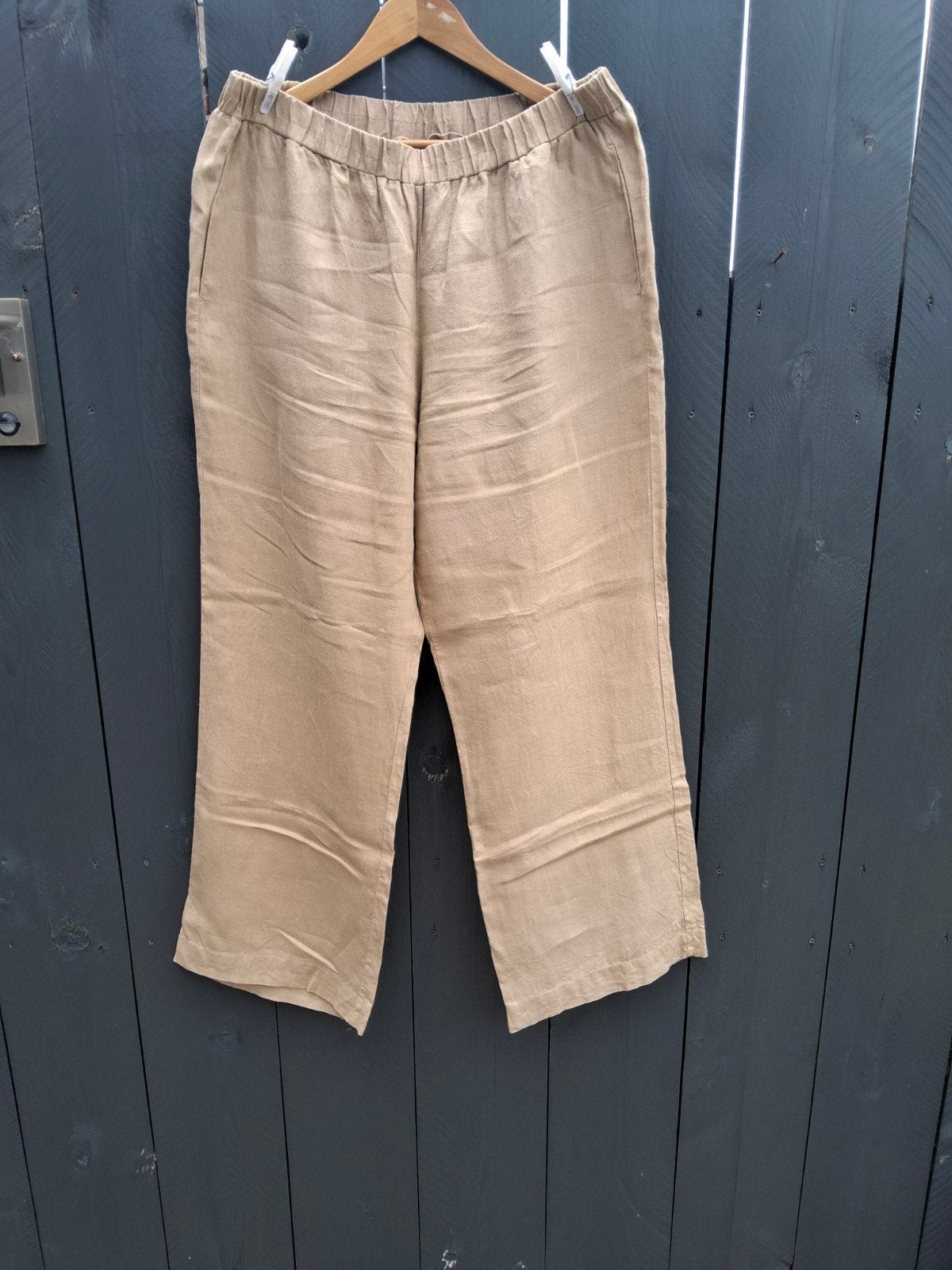 Kyra, zandkleurige 100% linnen palazzo, mt.46, €20, Verzenden, Beige, Maat 46/48 (XL) of groter, Zo goed als nieuw
