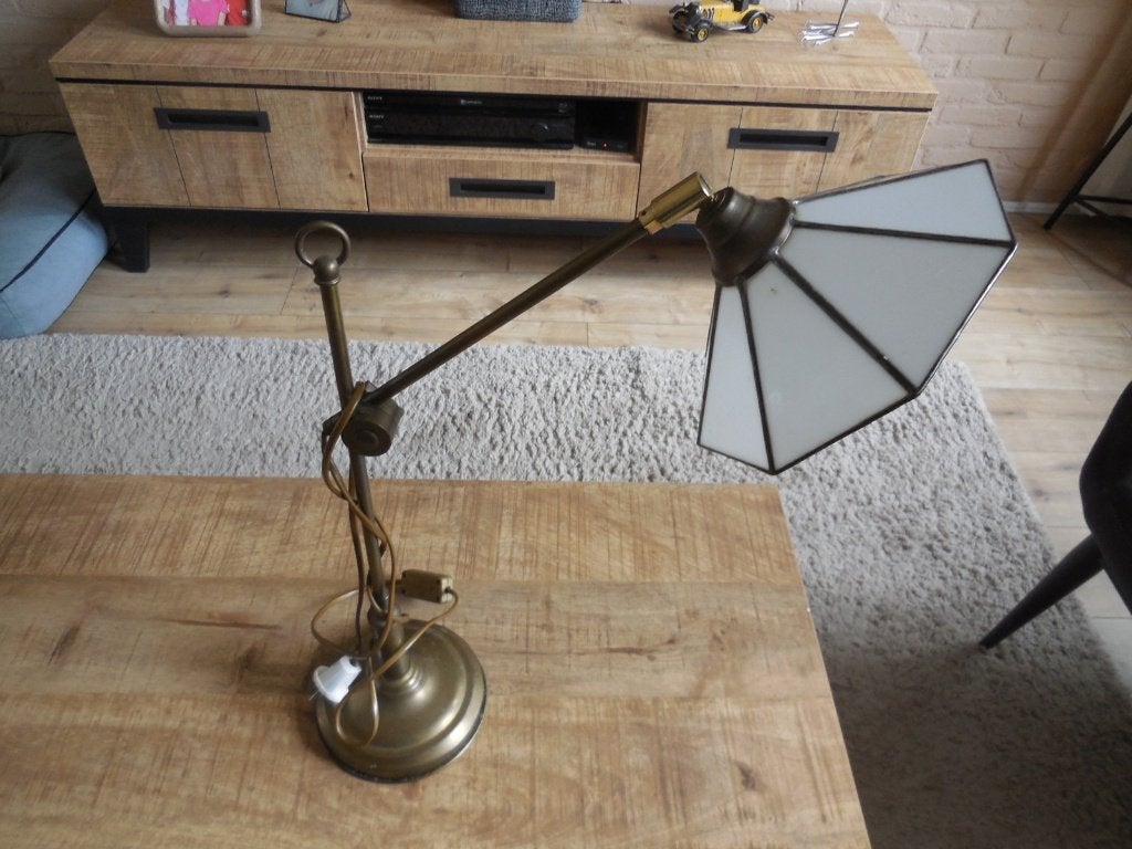 Schitterende messing en glas in lood tafel lamp., Antiek en Kunst, Ophalen of Verzenden