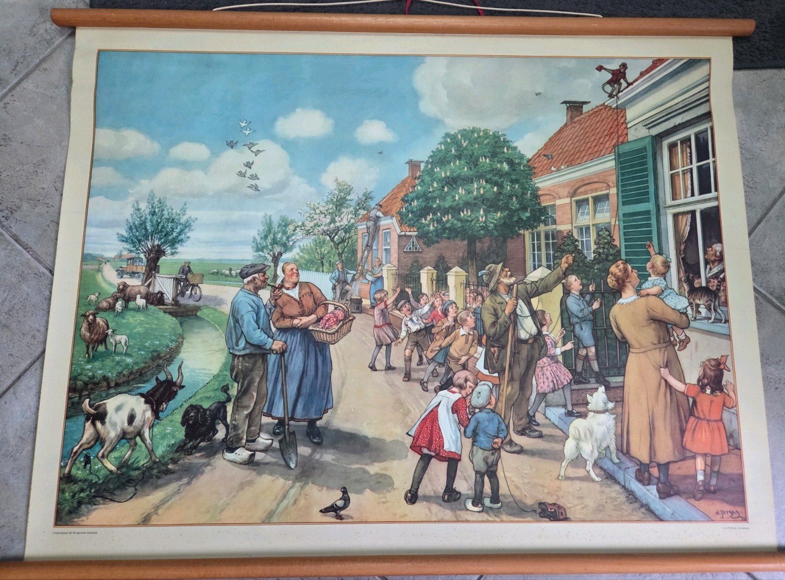 1932 schoolplaat Hoogeveen's Leesplank Aap Noot Mies 1, Verzamelen, Ophalen of Verzenden, Zo goed als nieuw, Voor 1940, Prent
