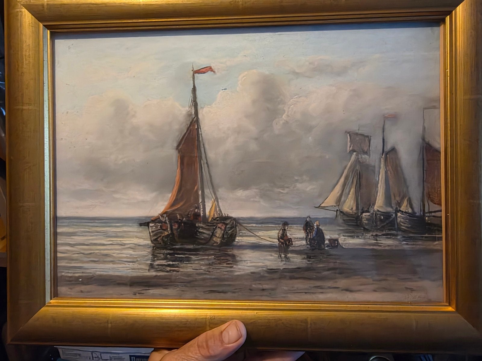 Prachtig pastel schilderij: Vissersboten aan de kust, Antiek en Kunst, Kunst | Schilderijen | Klassiek, Ophalen of Verzenden