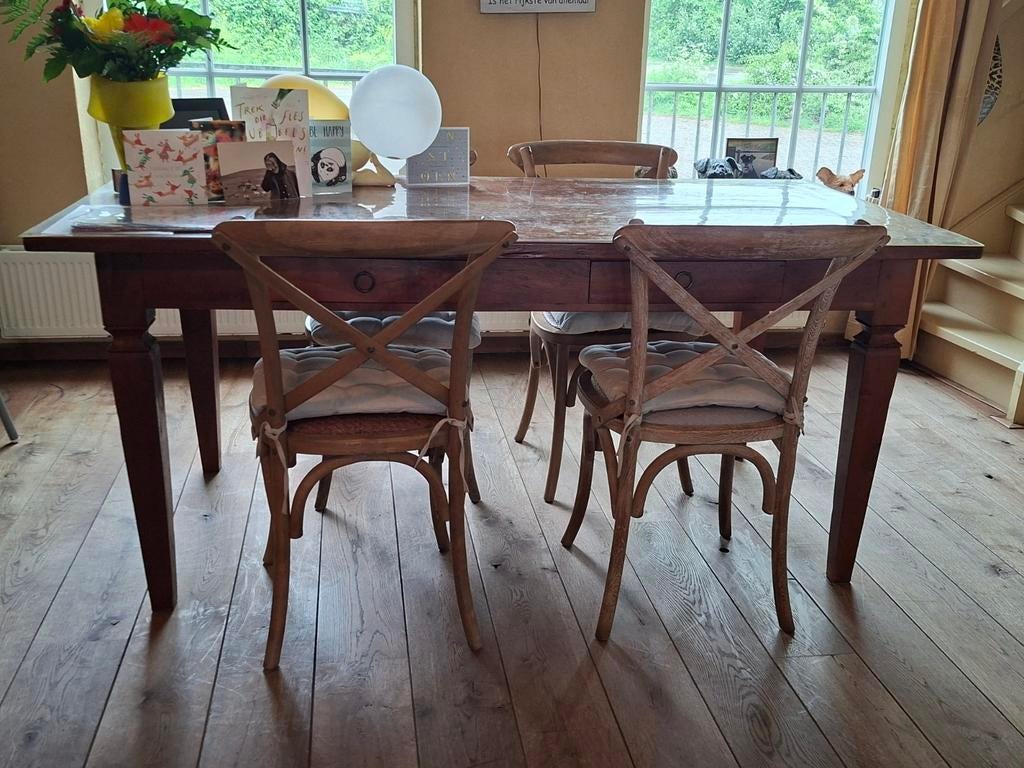 Eettafel met 2 lades, beschermblad en 4 stoelen, Ophalen, Rechthoekig, 150 tot 200 cm, 50 tot 100 cm