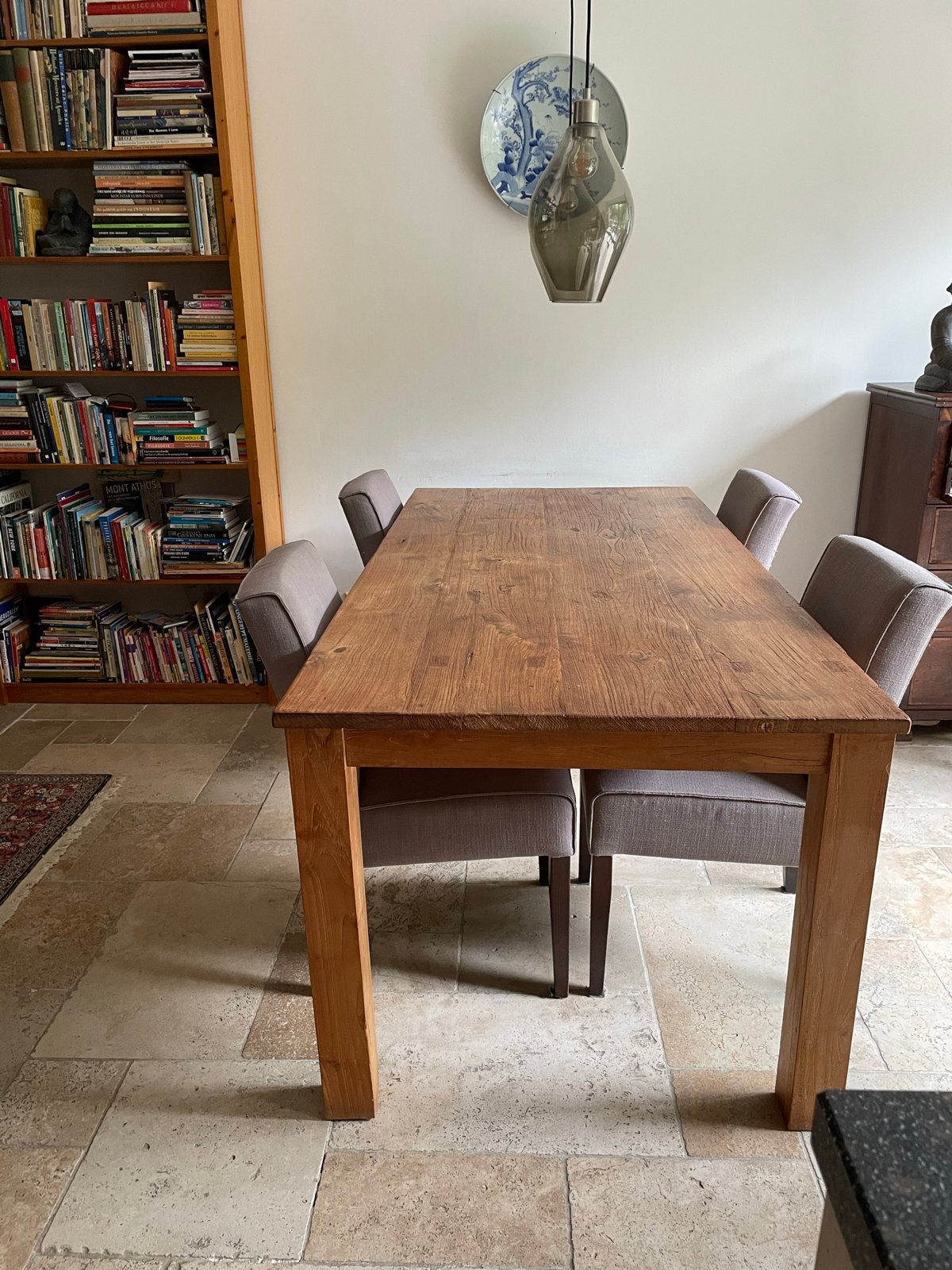 Massief houten eettafel (200x95cm) met 4 stoere stoelen, Ophalen, Gebruikt, 200 cm of meer, 50 tot 100 cm