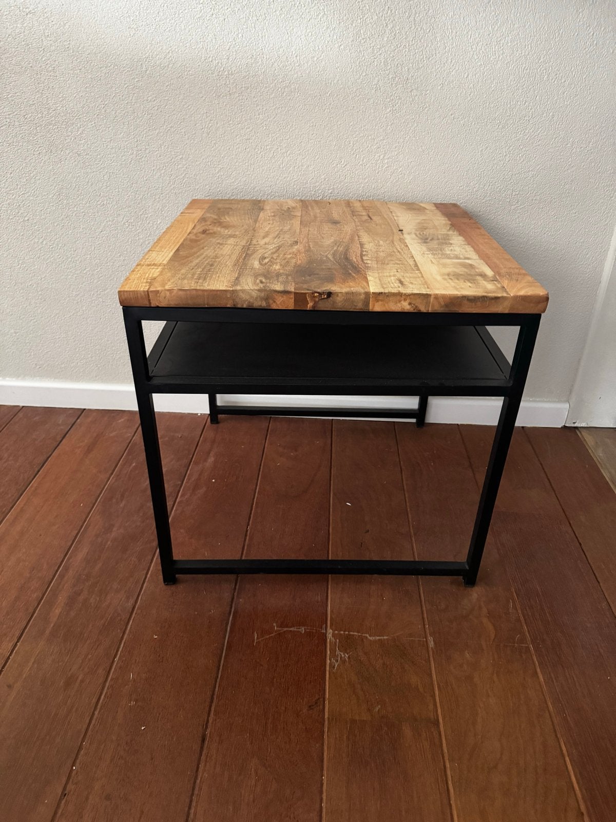 Bijzettafel Zwart Staal en Mango Hout, Gebruikt, 55 tot 75 cm, Rechthoekig, Hout