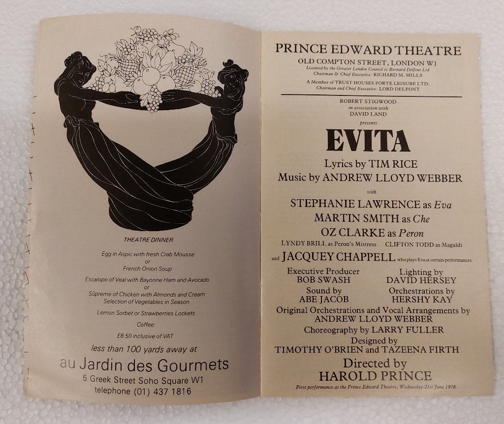 Evita PROGRAMMA BOEKJE 1982 Andrew Lloyd Webber UK, Verzamelen, Ophalen of Verzenden, NvT, Gebruikt, Evita