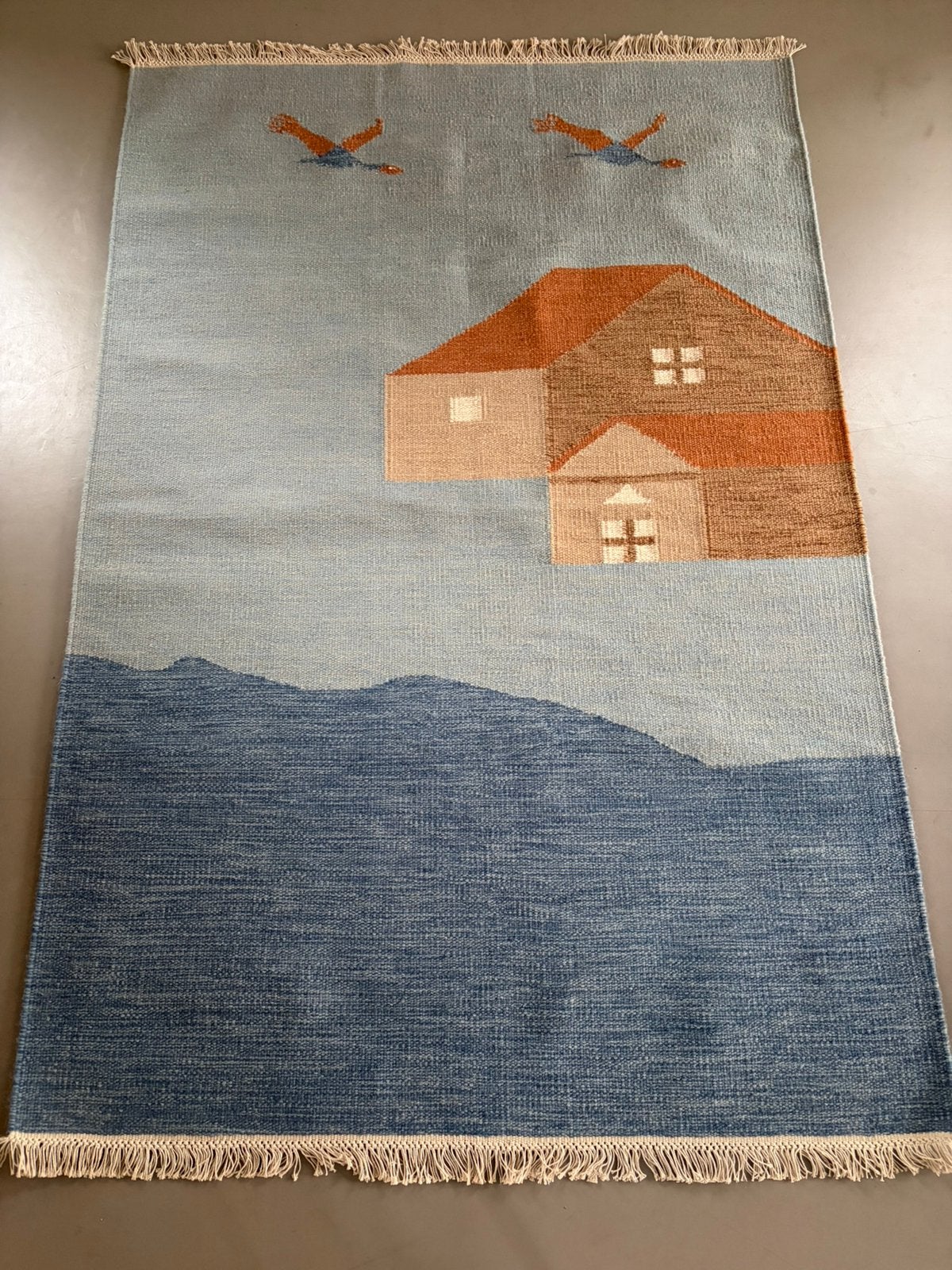 Handgeweven wollen rollakan vloerkleed“Swedish landscape”, 100 tot 150 cm, Geen, Scandinavisch, Ophalen of Verzenden
