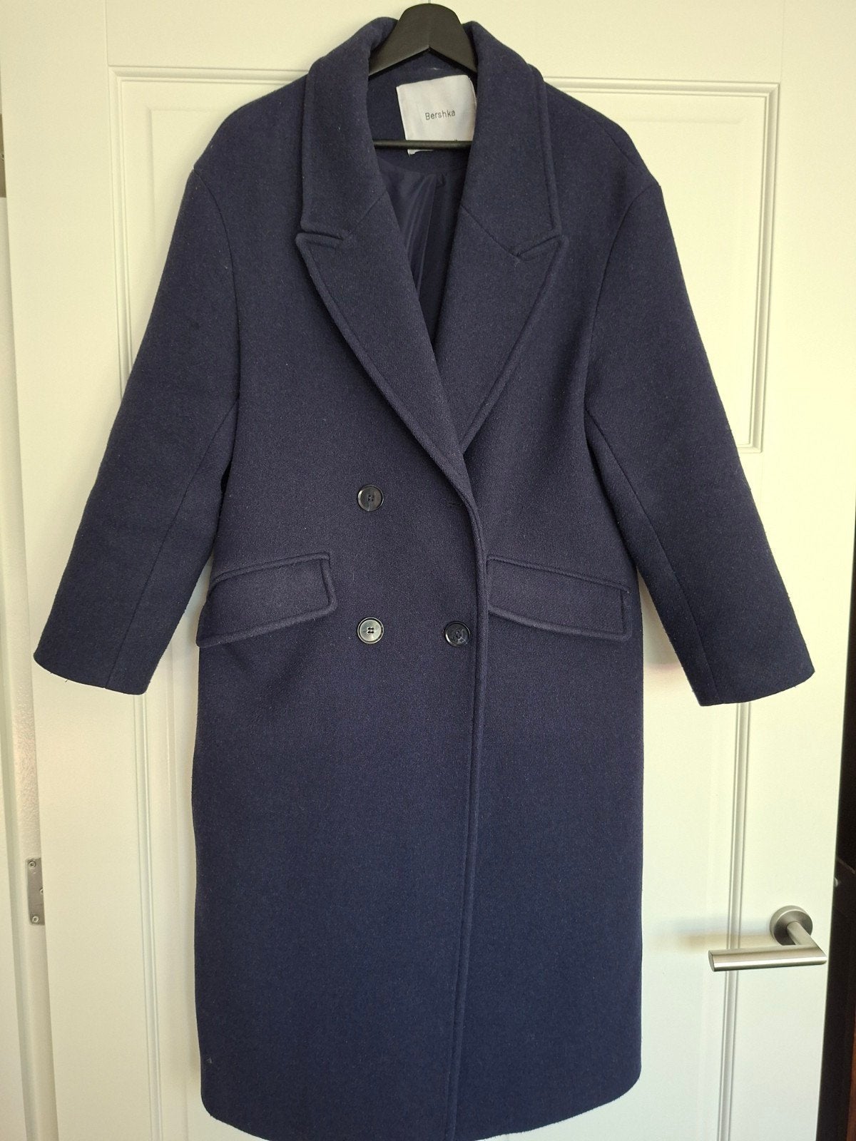 Berrshka wollen jas, marine navy oversized model (S/M), Blauw, Maat 36 (S), Gedragen, Bershka