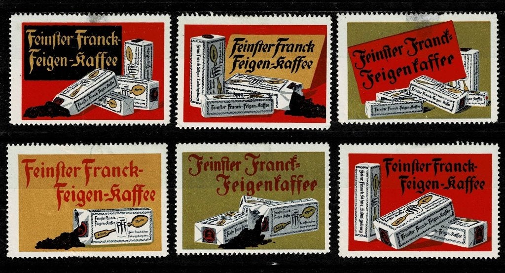 6 sluitzegels Duitsland FEINSTER FRANCK FEIGEN KAFFEE, Ophalen of Verzenden, Overige thema's