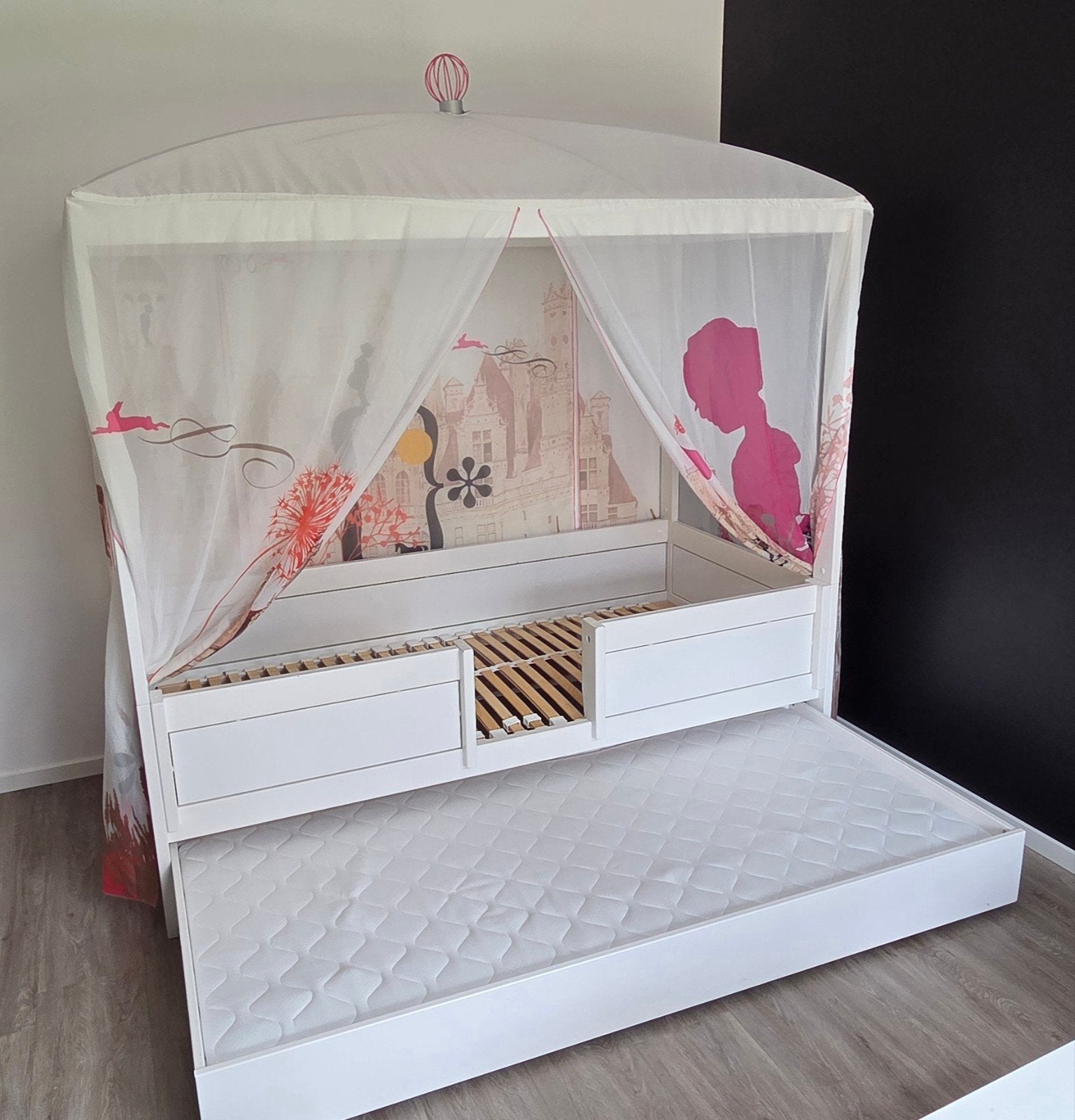 Lifetime - Wit kinderbed met uitschuifbaar bed en hemel, Ophalen, 180 cm of meer, 85 tot 100 cm, Lattenbodem