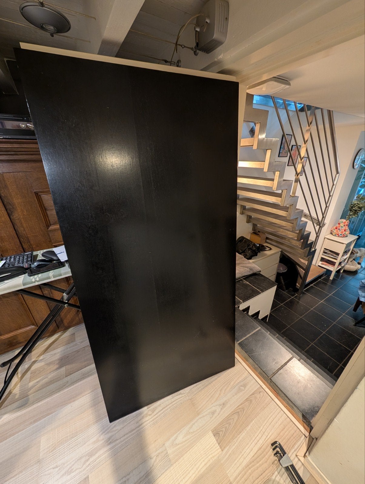 Massief eiken tafelblad op RVS onderstel (90x180cm), Ophalen, Gebruikt, 50 tot 100 cm, 150 tot 200 cm