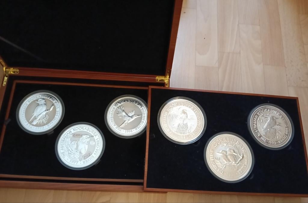 Zilveren Kookaburra munten In Complete series in Cassettes!, Postzegels en Munten, Edelmetalen en Baren, Zilver, Ophalen of Verzenden