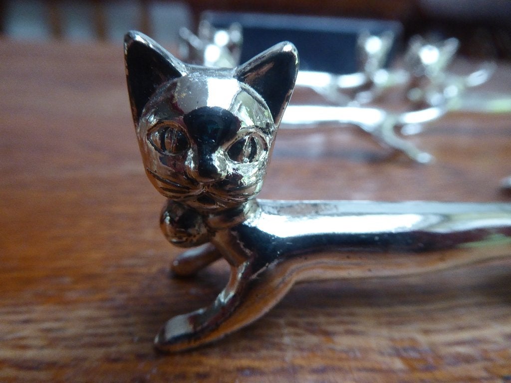 6 verzilverde messenleggers, model kat – poes(2), Ophalen of Verzenden
