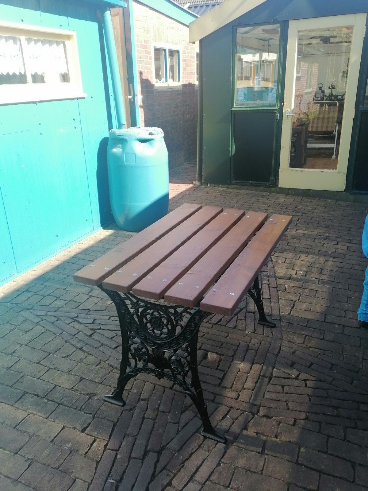 Gietijzeren Tafel met Houten Blad - Robuust en Stijlvol, Ophalen, Gebruikt, Rechthoekig, Hout