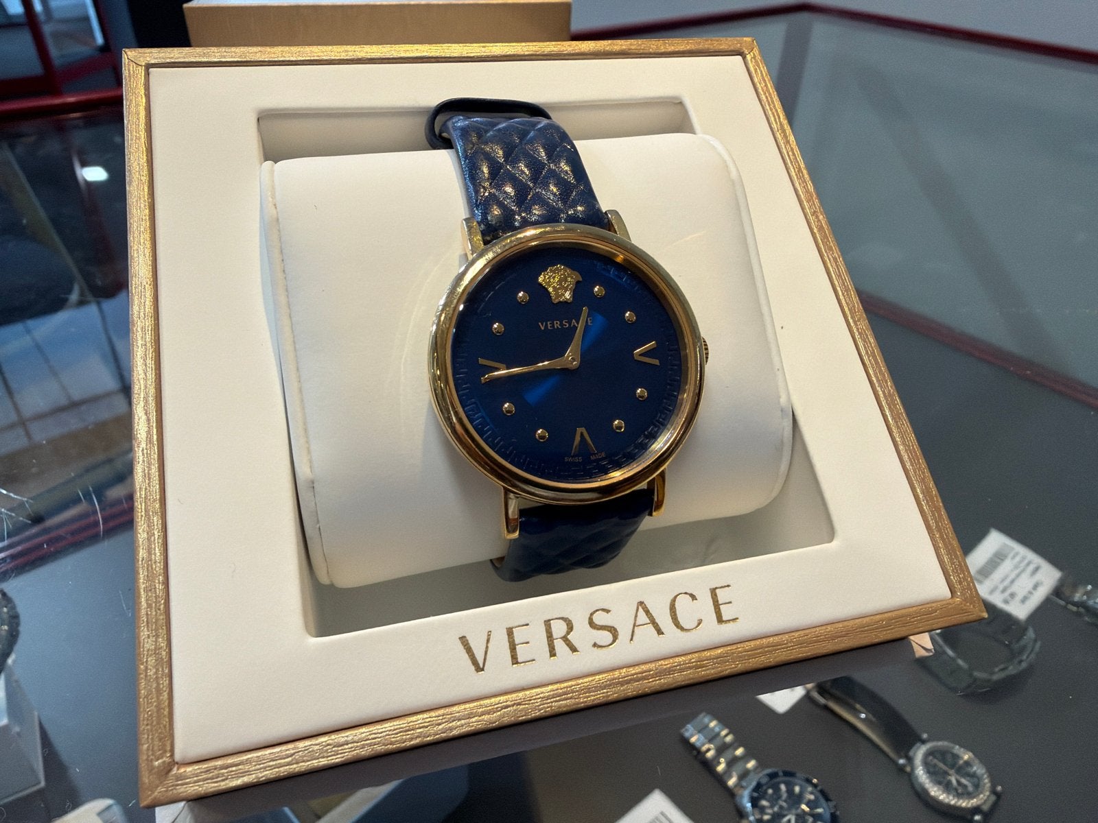 Versace horloge blauw goud - Top staat, Overige merken, Overige materialen, Versaci, Leer