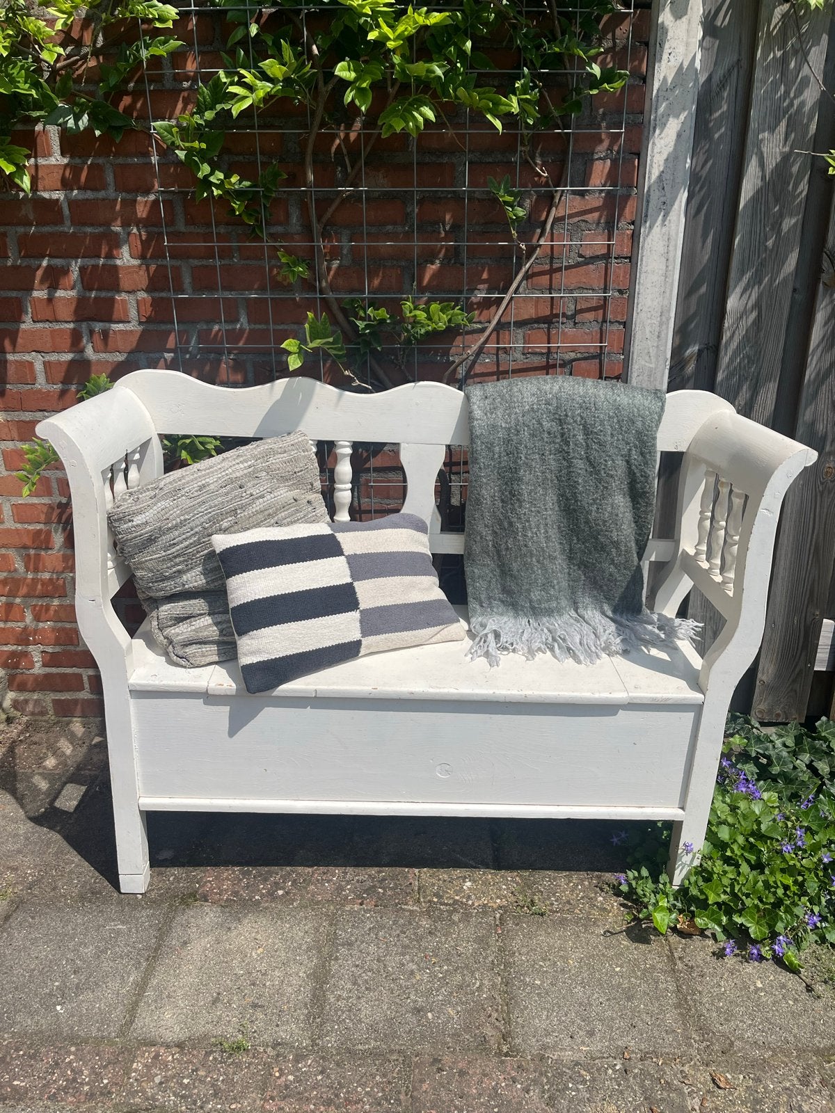 Brocante houten klepbank - Wit, Ophalen