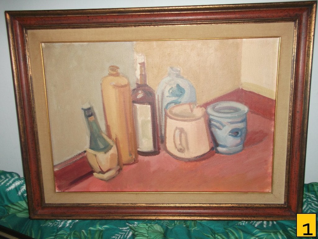 DRIE SCHILDERIJEN IN LIJSTEN, Antiek en Kunst, Ophalen, Doek, Stilleven, Olieverf