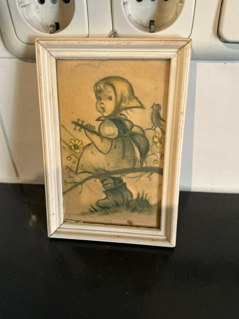 Antiek Hummel Schilderijtje 🍀 Meisje met Gitaar, Antiek en Kunst, Kunst | Tekeningen en Foto's, Ophalen of Verzenden
