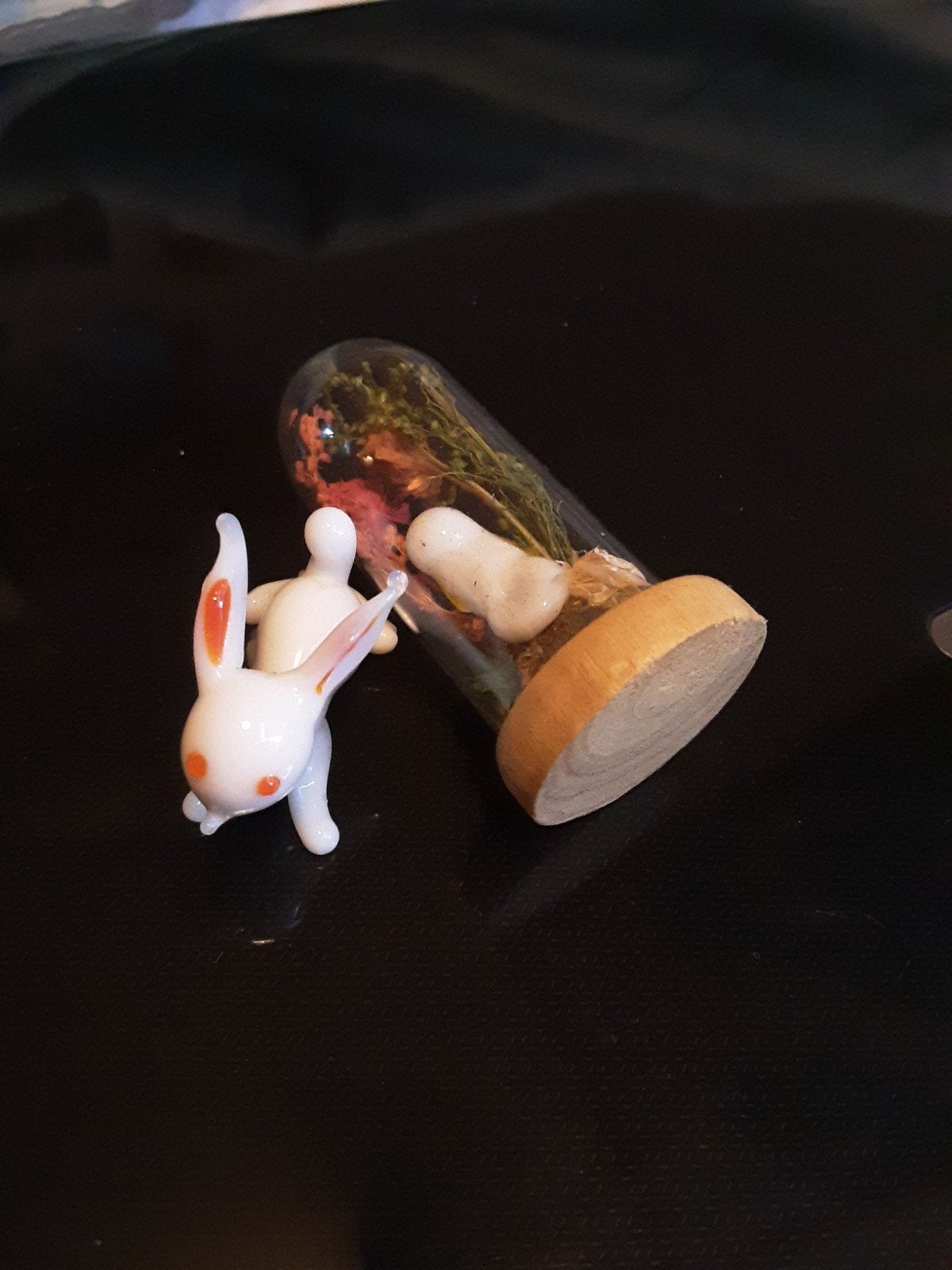Miniatuur konijntje en vogeltje in stolp    glas, Verzamelen, Verzenden, Zo goed als nieuw, Beeldje of Figuurtje