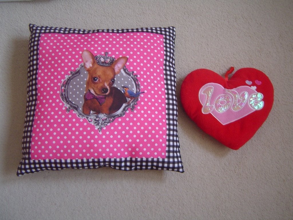 2 x kussen: Chihuahua en hartje Love, Ophalen of Verzenden, Zo goed als nieuw, Kleed of Kussen