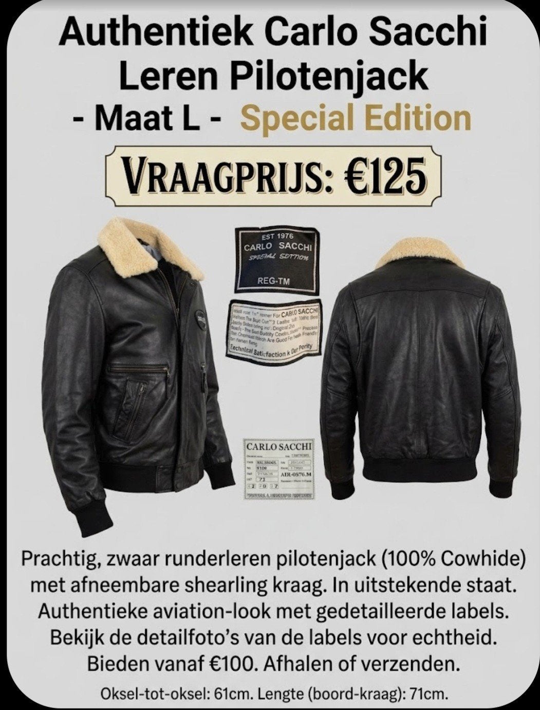 Authentiek Carlo Sacchi leren pilotenjack, Kleding | Heren, Maat 52/54 (L), Carlos Sacchi, ., Zwart